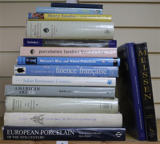 A quantity of reference books relating to pottery, porcelain, etc., including Meissen, Faience, etc.